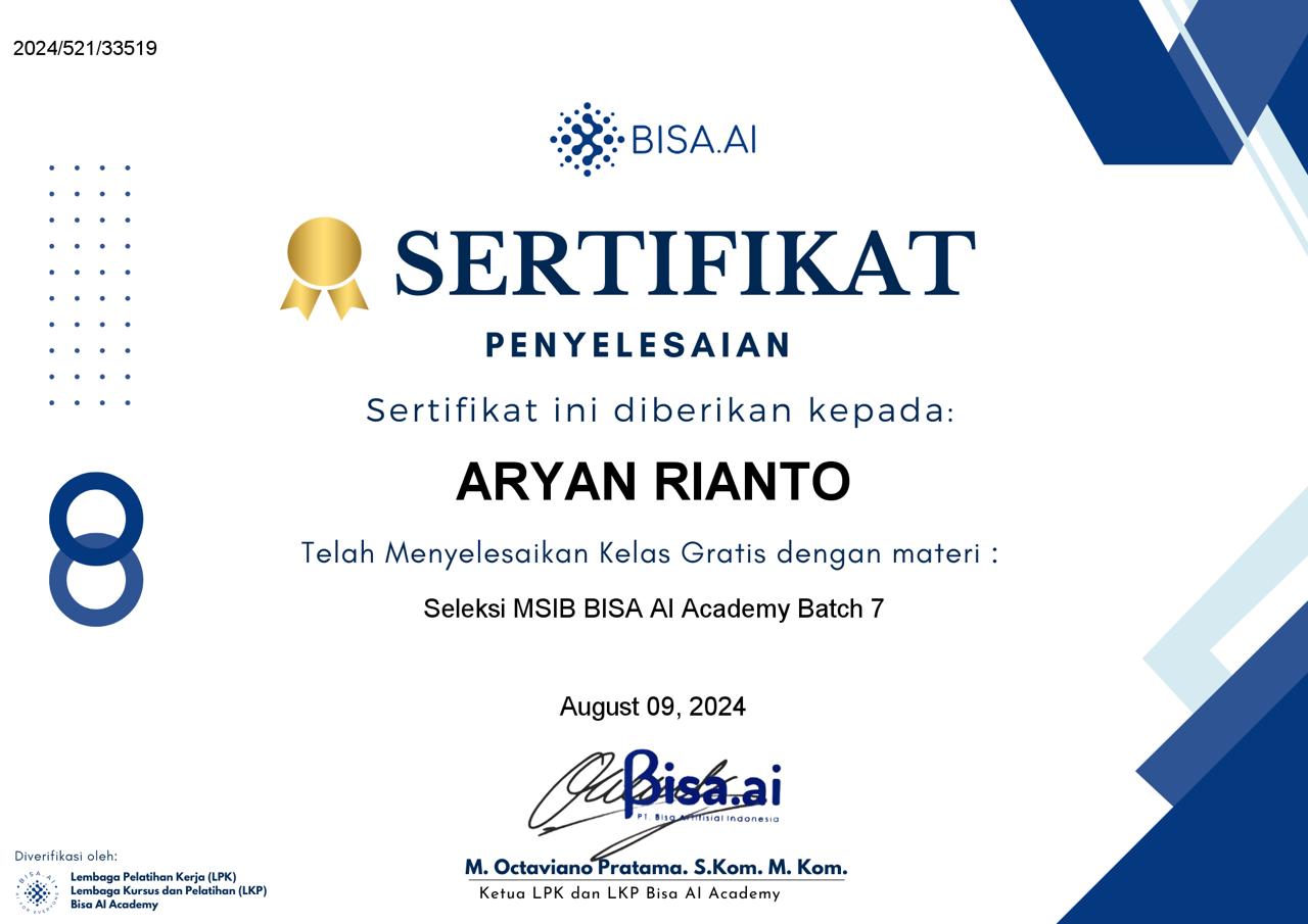Certificate BISA AI Escaped Selection